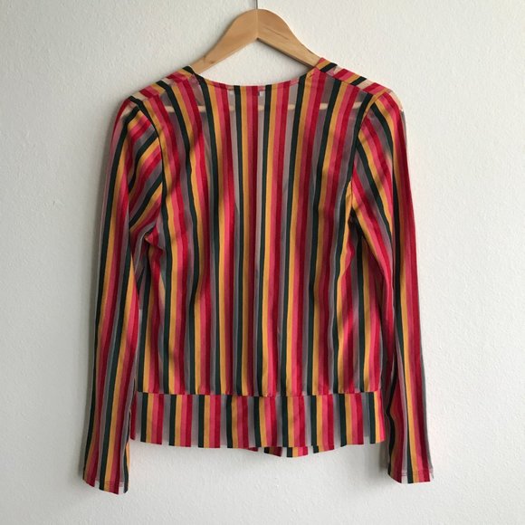 Zara Trafaluc Rainbow Striped Wrap Long Sleeve Blouse Sheer Pride Size S Small - Picture 5 of 7